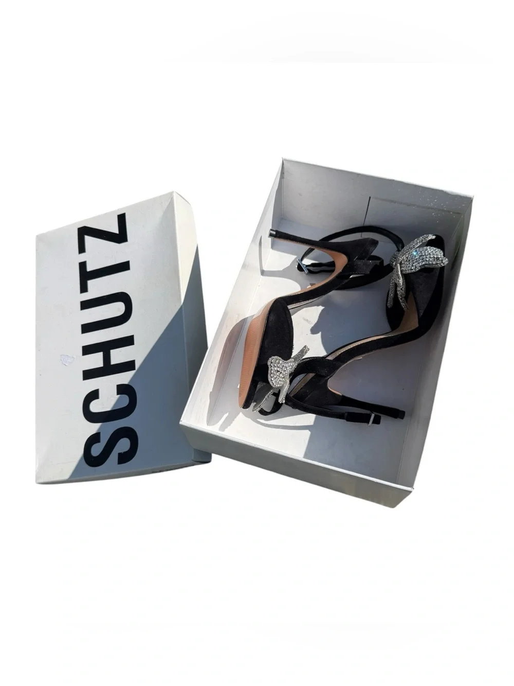 Schutz Ayanne Black Crystal Floral Rhinestone Ankle Strap Heels Sandals 7.5 Luxe
